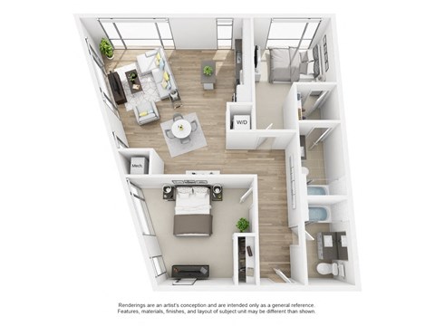 a 3d floor plan of a 1 bedroom apartment at The Shay, Washington Washington   at The Shay, Washington